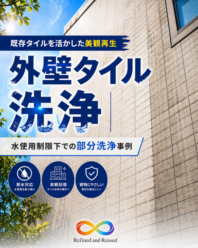 既存タイルを活かした美観再生 外壁タイル洗浄 水使用制限下での部分洗浄事例